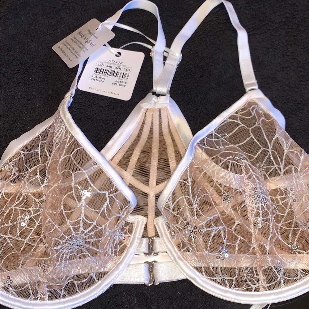 Honey Birdette “Sylvie” Elegant White Lace Bra, Panty & Stay Up Stockings - Picture 2 of 7